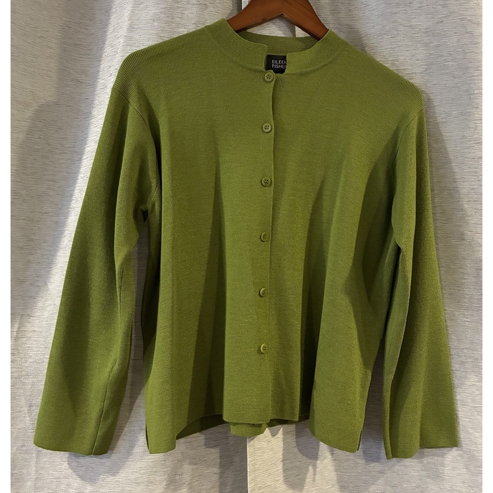 Eileen Fisher 100% Wool Green Button Up Long Sleeve Sweater Jacket Small Luxury